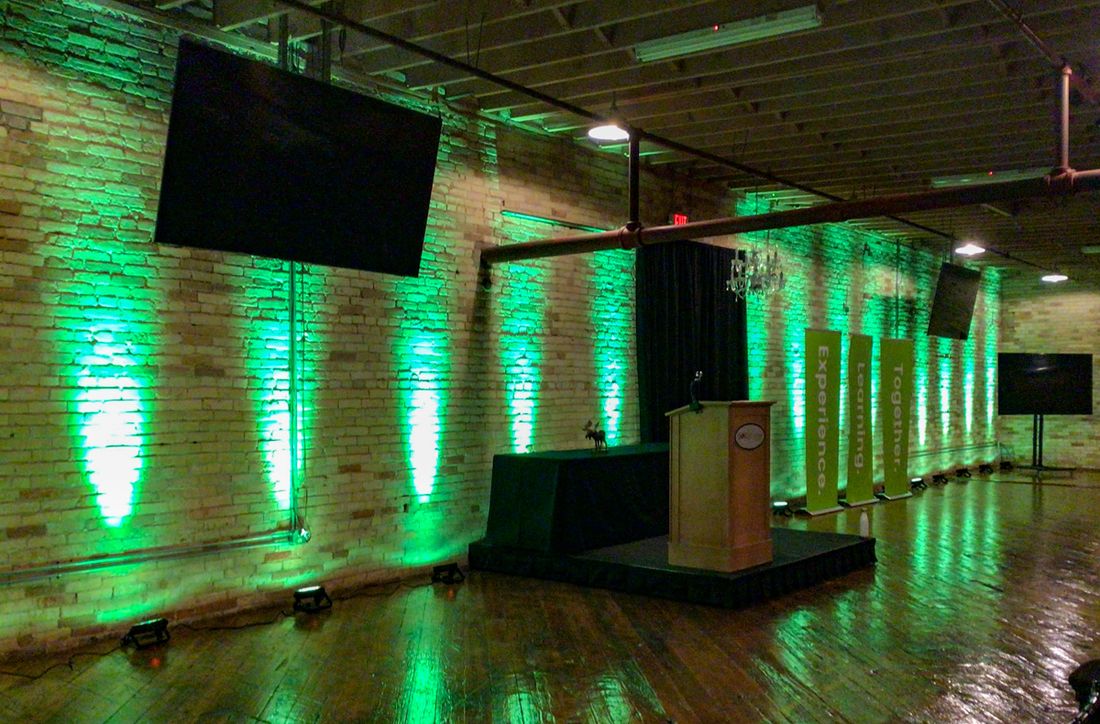 Uplighting at a wedding venue in Toronto Wedding venue with LED uplighting on walls and columns Toronto